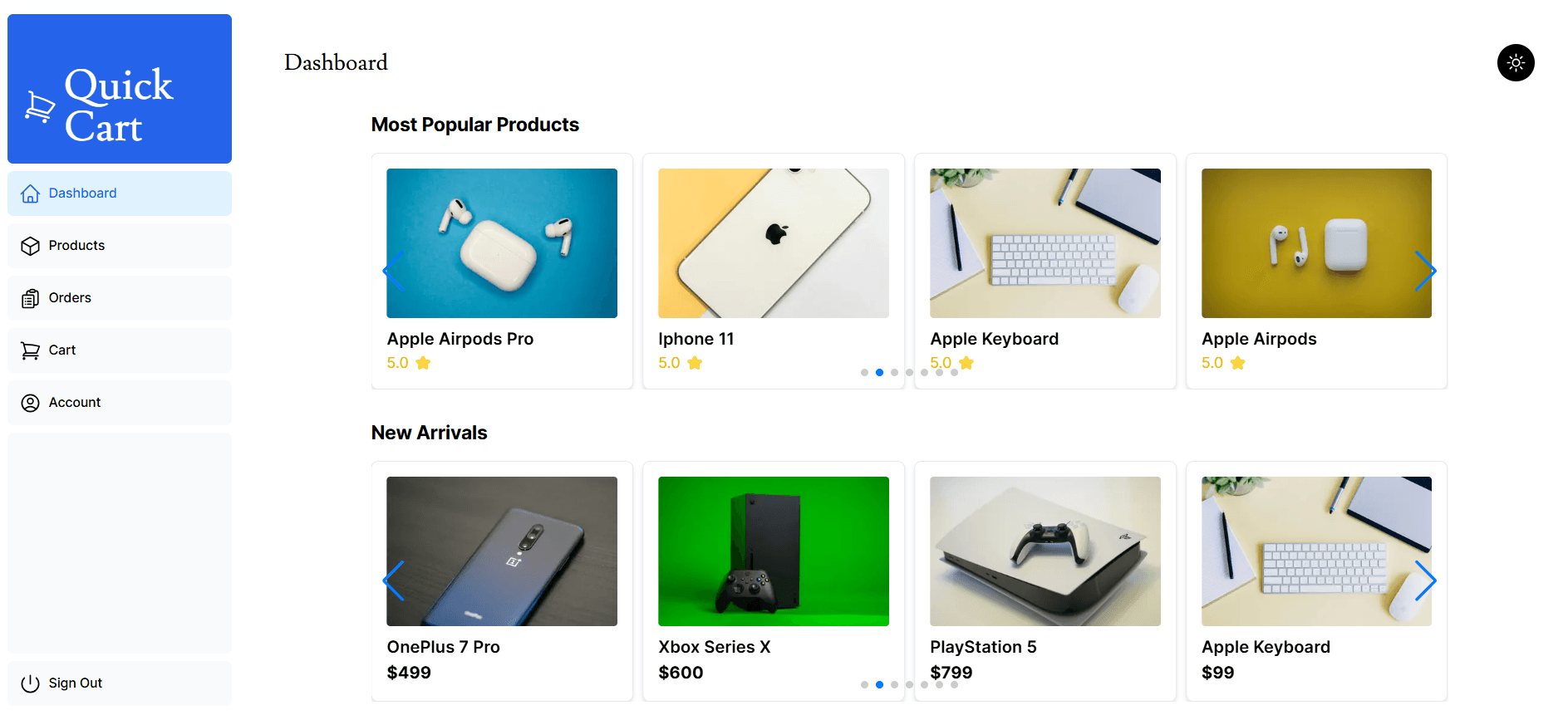 Quick Cart Dashboard Page