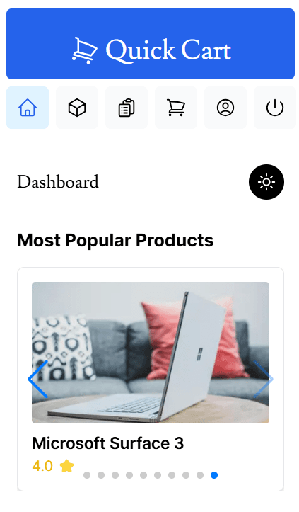 Quick Cart Dashboard Page Mobile